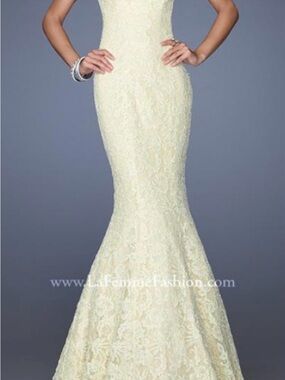 La Femme Cream Strapless Lace Mermaid Gown